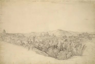 Blick von den Sabiner Bergen über Tivoli in Kampanien mit der Schlucht des Anio rechts